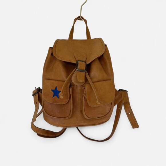 Handbags - y2k genuine leather backpack w/two front pockets, one with blue leather star